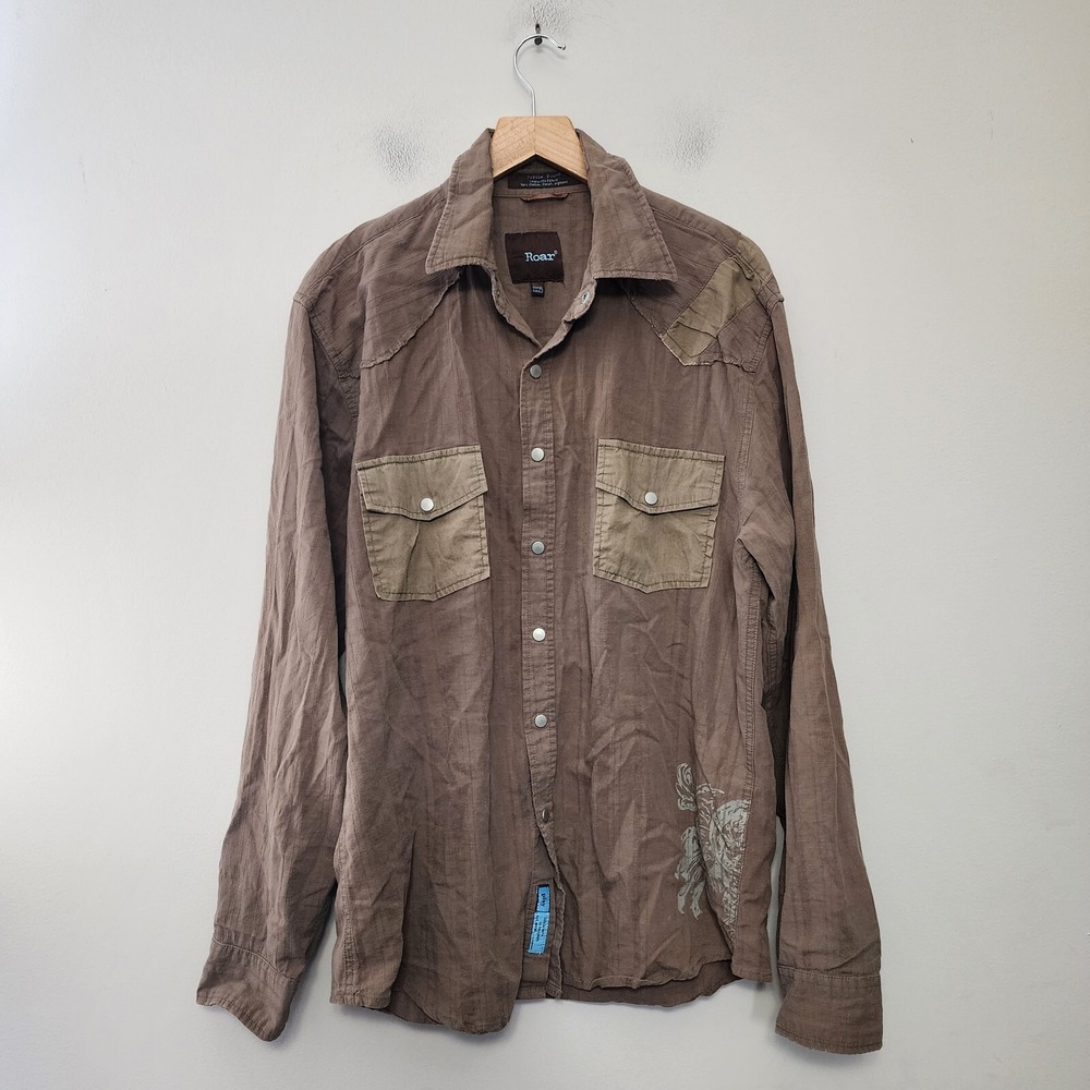 Roar Shirt Mens XL Brown Snap Button Y2k  Distressed Worn Look Lived In